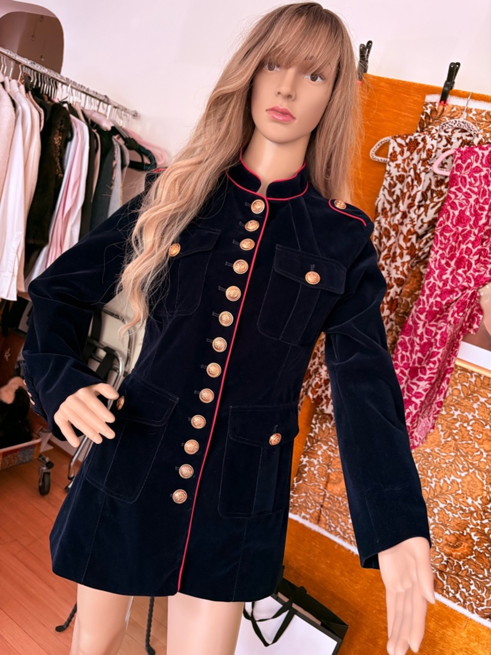 Women's Navy Velvet 60s-Inspired, Military-Style, Now a Y2K Find! Brass Buttons!